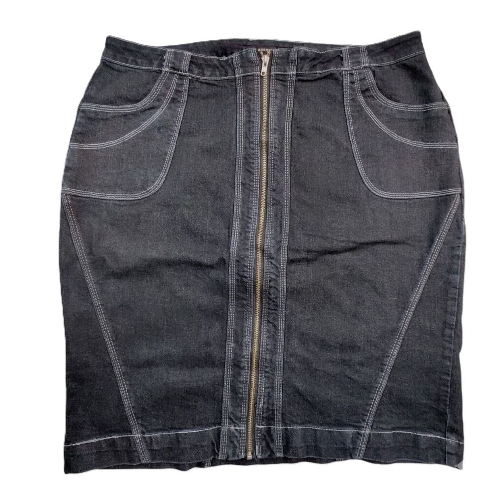 Ashley Stewart Women’s 20W Black Denim Skirt Front Zip Contrast Stitch